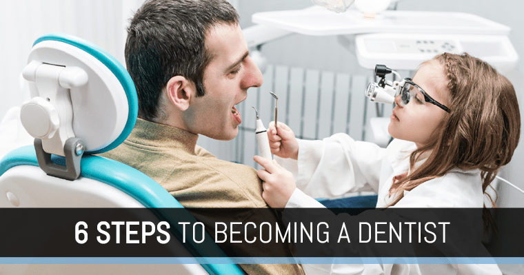 Little girl practicing dentistry with the text: "Six Steps to Becoming a Dentist"